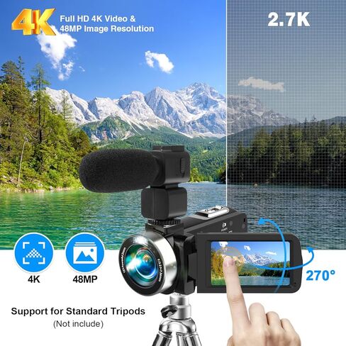 كاميرا فيديو Heegomn مع ميكروفون، كاميرا تسجيل فيديو HD 4K مع كاميرا تسجيل فيديو للرؤية الليلية بالأشعة تحت الحمراء لليوتيوب in Kuwait