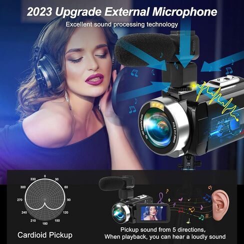 كاميرا فيديو Heegomn مع ميكروفون، كاميرا تسجيل فيديو HD 4K مع كاميرا تسجيل فيديو للرؤية الليلية بالأشعة تحت الحمراء لليوتيوب in Kuwait