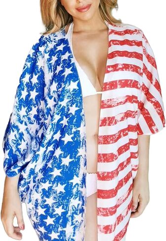 كارديجان كيمونو صيفي للسيدات بعلم أمريكي في الرابع من يوليو، ملابس سباحة، قمصان وطنية باللونين الأحمر والأبيض والأزرق in Kuwait