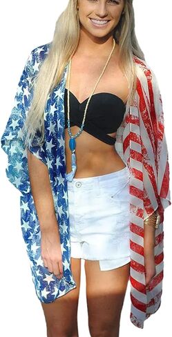 كارديجان كيمونو صيفي للسيدات بعلم أمريكي في الرابع من يوليو، ملابس سباحة، قمصان وطنية باللونين الأحمر والأبيض والأزرق in Kuwait