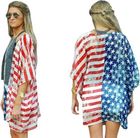 كارديجان كيمونو صيفي للسيدات بعلم أمريكي في الرابع من يوليو، ملابس سباحة، قمصان وطنية باللونين الأحمر والأبيض والأزرق in Kuwait
