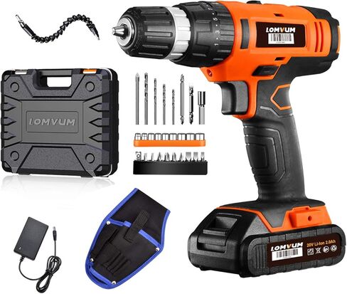 مثقاب كهربائي لاسلكي Lomvum 20V Power Drill مع بطارية ليثيوم أيون، 1 شاحن أسرع، ظرف بدون مفتاح بسرعتين 3/8 بوصة، عمود مغناطيسي مرن، LED، حقيبة خصر، حقيبة مدمجة، 46 قطعة إضافية من الملحقات in Kuwait