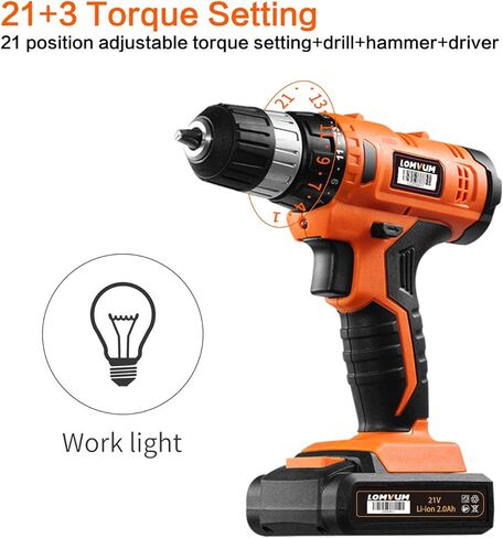 مثقاب كهربائي لاسلكي Lomvum 20V Power Drill مع بطارية ليثيوم أيون، 1 شاحن أسرع، ظرف بدون مفتاح بسرعتين 3/8 بوصة، عمود مغناطيسي مرن، LED، حقيبة خصر، حقيبة مدمجة، 46 قطعة إضافية من الملحقات in Kuwait