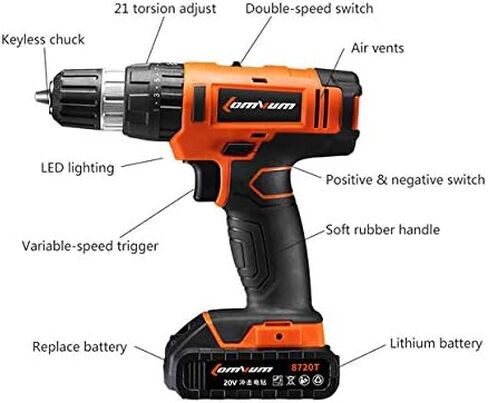 مثقاب كهربائي لاسلكي Lomvum 20V Power Drill مع بطارية ليثيوم أيون، 1 شاحن أسرع، ظرف بدون مفتاح بسرعتين 3/8 بوصة، عمود مغناطيسي مرن، LED، حقيبة خصر، حقيبة مدمجة، 46 قطعة إضافية من الملحقات in Kuwait