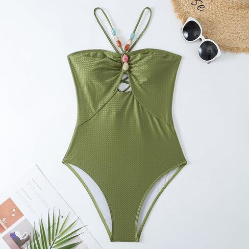 IMEKIS Women One Piece Swimsuit with Sarong Set 2024 Trendy Halter Lace Up Swimwear Colorblock Coverup Vocation Outfit in Saudi Arabia