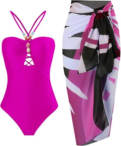 IMEKIS Women One Piece Swimsuit with Sarong Set 2024 Trendy Halter Lace Up Swimwear Colorblock Coverup Vocation Outfit in Saudi Arabia