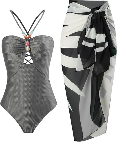 IMEKIS Women One Piece Swimsuit with Sarong Set 2024 Trendy Halter Lace Up Swimwear Colorblock Coverup Vocation Outfit in Saudi Arabia