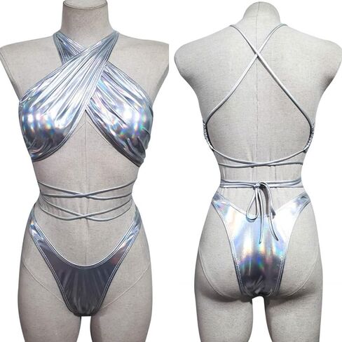 JUMISEE Women's Neon Shiny Hologram Strappy Bikini Sexy Halter Wrap Around Swimwear Thong Bathing Suit for Rave Party in Saudi Arabia
