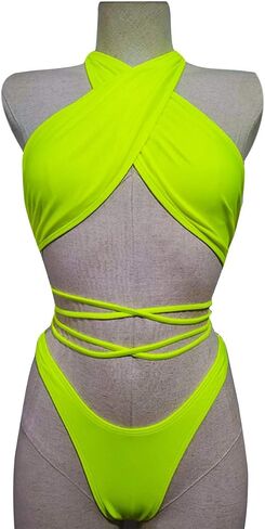 JUMISEE Women's Neon Shiny Hologram Strappy Bikini Sexy Halter Wrap Around Swimwear Thong Bathing Suit for Rave Party in Saudi Arabia