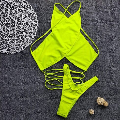 JUMISEE Women's Neon Shiny Hologram Strappy Bikini Sexy Halter Wrap Around Swimwear Thong Bathing Suit for Rave Party in Saudi Arabia
