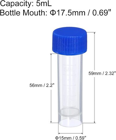 PATIKIL 5mL Plastic Test Tubes, 15 Pack Frozen Container Storage Blue Screw Cap for Lab Laboratory Science, Clear in Saudi Arabia