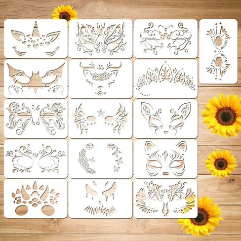 16 pcs Face Paint Stencils for Kids and Adults Face Painting Template,Washable Reusable for Halloween Christmas Party Facial Makeup Tattoo Design Tools for Cosplay School Carnivals(7.87 x 4.72 inch) in Saudi Arabia