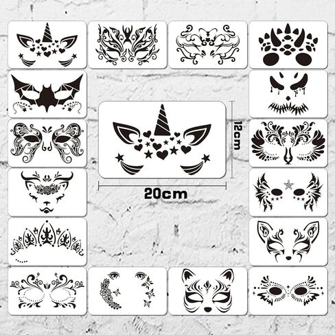 16 pcs Face Paint Stencils for Kids and Adults Face Painting Template,Washable Reusable for Halloween Christmas Party Facial Makeup Tattoo Design Tools for Cosplay School Carnivals(7.87 x 4.72 inch) in Saudi Arabia