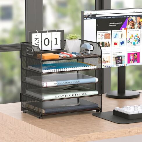 LUCYCAZ Wood Desk Organizer - 5 Tier Desk Organizer with Handle, Mesh Paper/File Organizer for Desk, Paper Tray Desk Organizers and Accessories for Office Supplies Black in Kuwait