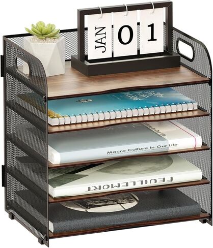 LUCYCAZ Wood Desk Organizer - 5 Tier Desk Organizer with Handle, Mesh Paper/File Organizer for Desk, Paper Tray Desk Organizers and Accessories for Office Supplies Black in Kuwait
