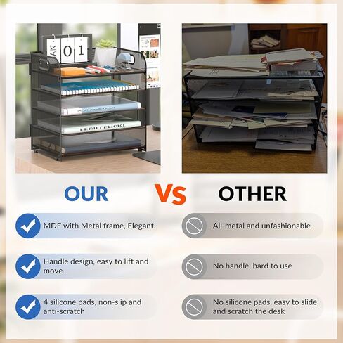 LUCYCAZ Wood Desk Organizer - 5 Tier Desk Organizer with Handle, Mesh Paper/File Organizer for Desk, Paper Tray Desk Organizers and Accessories for Office Supplies Black in Kuwait