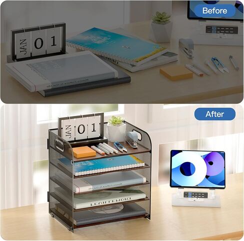 LUCYCAZ Wood Desk Organizer - 5 Tier Desk Organizer with Handle, Mesh Paper/File Organizer for Desk, Paper Tray Desk Organizers and Accessories for Office Supplies Black in Kuwait