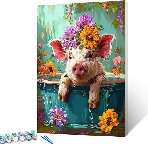 Cute Pig with Flower in a Bathtub Paint by Numbers Kits 16x20 inch Canvas Cute Farmhouse Animal Flowers DIY Oil Painting for Adults Beginner with Brushes Acrylic Pigment Drawings Gift(without Frame) in Saudi Arabia