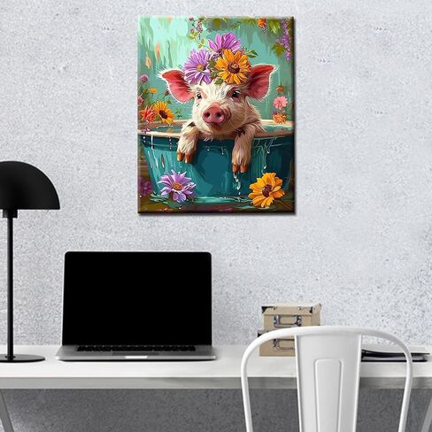 Cute Pig with Flower in a Bathtub Paint by Numbers Kits 16x20 inch Canvas Cute Farmhouse Animal Flowers DIY Oil Painting for Adults Beginner with Brushes Acrylic Pigment Drawings Gift(without Frame) in Saudi Arabia
