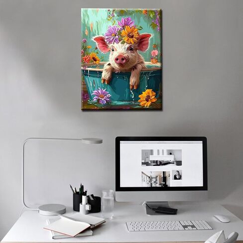 Cute Pig with Flower in a Bathtub Paint by Numbers Kits 16x20 inch Canvas Cute Farmhouse Animal Flowers DIY Oil Painting for Adults Beginner with Brushes Acrylic Pigment Drawings Gift(without Frame) in Saudi Arabia
