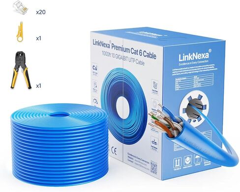 كابل إيثرنت Cat6 بطول 1000 قدم، كابل Cat6، UTP 23AWG 550 ميجا هرتز سلك نحاسي صلب، كابل شبكة Cat 6، دعم 10 جيجا مع مجموعة أدوات تجعيد Cat 6 (أزرق) in Kuwait