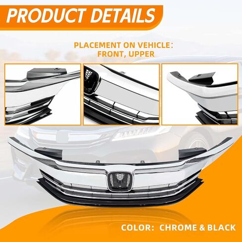 YLT AUTO Fit 2016-2017 لسيارة Honda Accord LX EX Sedan 4DR غطاء أمامي ممتص الصدمات العلوي استبدال طقم كفن أسود غطاء شبكي أمامي مدخل هواء مع زخرفة الكروم in Kuwait