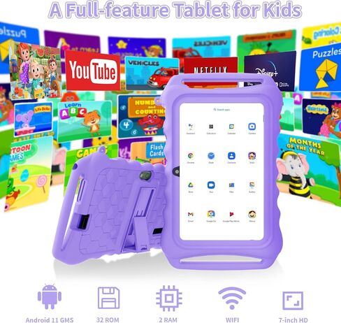 7inch Tablet for Kids Android 11 Tablets 3GB 32GB Parental Control Children Learning Toddler Tablet with Shockproof Kickstand Case, GMS Certified, Bluetooh, FM, with Kids YouTube APPs in Kuwait