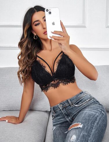 Avidlove حمالة صدر نسائية مثيرة من الدانتيل Bralette للنساء Y2K Cami المحاصيل الأعلى برقبة على شكل حرف V وشريط سباغيتي بدون أكمام، أسود، L in Saudi Arabia