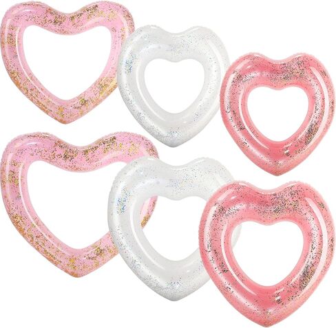 Lenwen 6 Pcs Heart Pool Float, 43"/31" Inflatable Glitter Heart Floatie Tubes Heart Bachelorette Party Prop Heart Summer Swimming Ring for Wedding Betrothal Party Decor in Kuwait