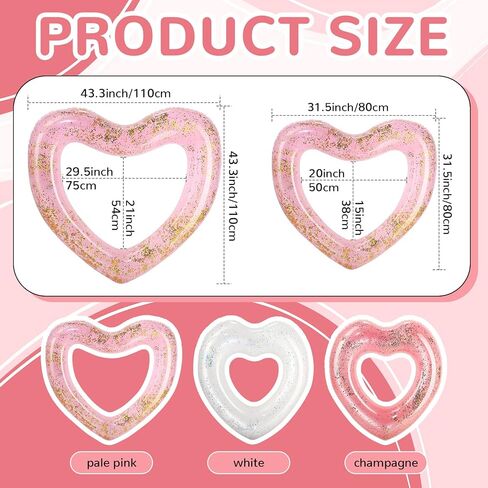 Lenwen 6 Pcs Heart Pool Float, 43"/31" Inflatable Glitter Heart Floatie Tubes Heart Bachelorette Party Prop Heart Summer Swimming Ring for Wedding Betrothal Party Decor in Kuwait