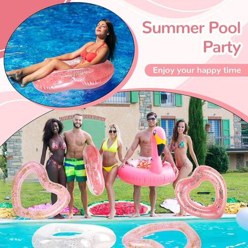 Lenwen 6 Pcs Heart Pool Float, 43"/31" Inflatable Glitter Heart Floatie Tubes Heart Bachelorette Party Prop Heart Summer Swimming Ring for Wedding Betrothal Party Decor in Kuwait