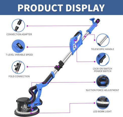 ماكينة صنفرة الحوائط الجافة مع مجموعة غبار مفرغة، أداة قوية لإزالة سقف الفشار، 7 سرعات متغيرة قابلة للطي 8.5 أمبير 750 وات ماكينة سنفرة الحوائط الجافة مع أضواء LED، مقبض قابل للتمديد، 12 قطعة من أقراص الصنفرة in Kuwait