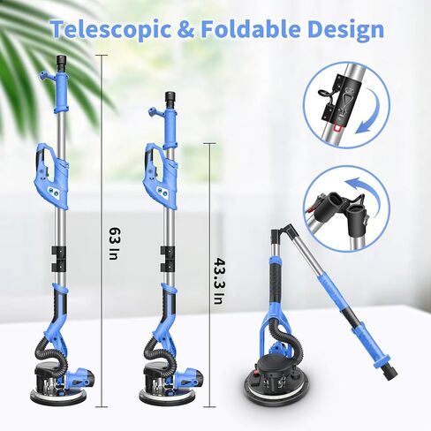 ماكينة صنفرة الحوائط الجافة مع مجموعة غبار مفرغة، أداة قوية لإزالة سقف الفشار، 7 سرعات متغيرة قابلة للطي 8.5 أمبير 750 وات ماكينة سنفرة الحوائط الجافة مع أضواء LED، مقبض قابل للتمديد، 12 قطعة من أقراص الصنفرة in Kuwait