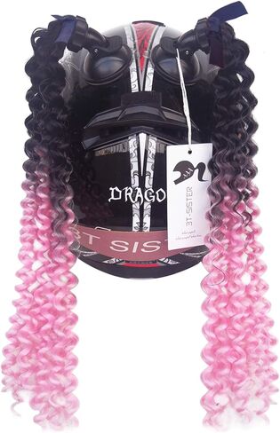 Helmet Pigtails Gradient Ramp Helmet Curly Ponytail Helmet Hair with Suction Cup for Motor Bike 2PCS 14inch Ombre Black to Pink (Helmet not Included) in Saudi Arabia