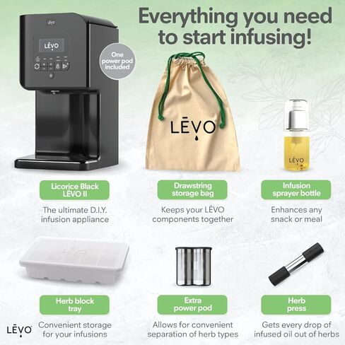 LĒVO - مجموعة LĒVO II Essentials - آلة ضخ الزيوت العشبية والزبدة - تتضمن وعاء الطاقة، وضغط الأعشاب، وصينية كتلة الأعشاب، وبخاخ التسريب، وحقيبة الرباط (أسود عرق السوس) in Saudi Arabia