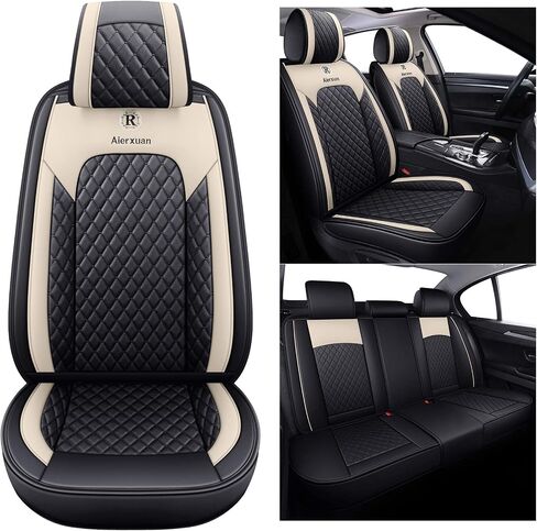 أغطية مقاعد Aierxuan للسيارات النسائية المصنوعة من الجلد المقاوم للماء تناسب عالمي لسيارة Hyundai Elantra Sonata Ford Forte Honda Civic CRV Toyota Corolla 4Runner Rav4 Highlander Hybrid (مجموعة كاملة، أسود-بيج) in Kuwait