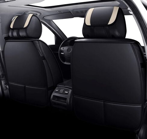 أغطية مقاعد Aierxuan للسيارات النسائية المصنوعة من الجلد المقاوم للماء تناسب عالمي لسيارة Hyundai Elantra Sonata Ford Forte Honda Civic CRV Toyota Corolla 4Runner Rav4 Highlander Hybrid (مجموعة كاملة، أسود-بيج) in Kuwait
