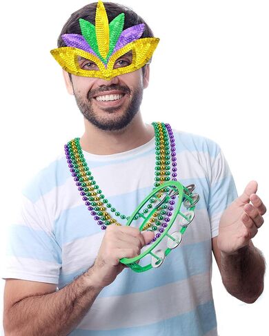 مجموعة مكونة من 42 قلادة وقناع من الخرز الدائري من Mardi Gras تتضمن 12 قطعة من أقنعة تنكرية ذهبية وأخضر وأرجواني و30 قطعة من القلائد المعدنية المستديرة لمستلزمات حفلات الكرنفال ومستلزمات الصور in Saudi Arabia