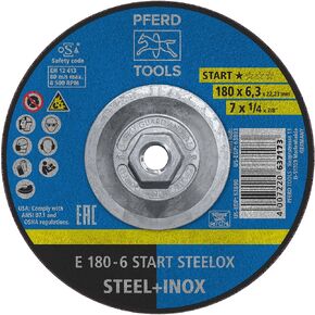 عجلة طحن PFERD START STEELOX من النوع 27، 7 بوصة × 1/4 بوصة × 7/8 بوصة، أكسيد الألومنيوم - لمطاحن الزوايا - تستخدم على الفولاذ والفولاذ المقاوم للصدأ (عبوة من 10 قطع) - الجزء 63890 in Kuwait