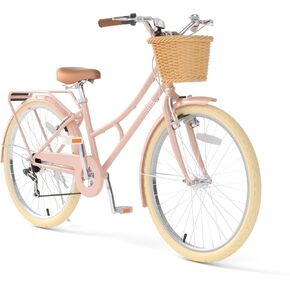 XJD 20 24 26 Inch Girls Bike, 7-Speed Beach Cruiser Bike for Girls Youth and Over 6 Years Old, Kids Bicycles with Dual V-Brakes Rear Rack & Wicker Basket in Kuwait