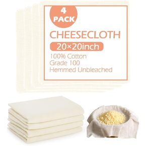 4 Pcs Reusable Cheesecloth Grade 100, 20x20 Inch Organic Cheesecloth for Straining, Fabric Fine Mesh Unbleached Cotton Strainer Muslin Cloth for Cheese Making, Nut Milk, Filtering in Kuwait