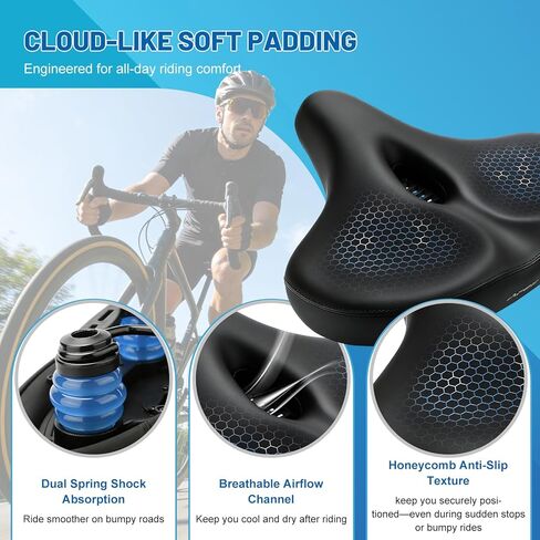 Oversized Bike Seat, Extra Thick High-Density Foam Bicycle Saddle with Dual Spring Shock Absorption, Comfort Padded Bicycle Seat for Men Women, Fit for Peloton, E-Bike, Cruiser, Stationary in Kuwait