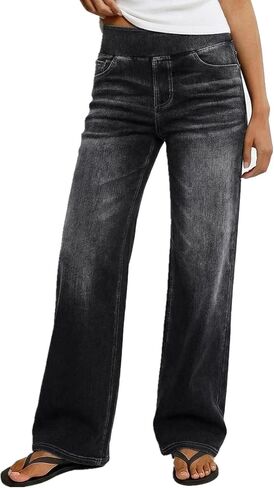 Wide Leg Jeans for Women High Waisted Trendy Stretchy Jean Pull On Elastic Waist Baggy Denim Pants Sweatpant Jeans in Saudi Arabia
