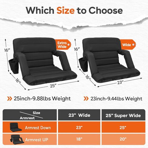 Suteck Stadium Seats with Back Support, Extra Wide Folding Bleacher Chairs, 6-Position Recline, Waterproof with Side Storage Bags, Portable Cushioned Seats for Outdoor Sports & Events in Kuwait