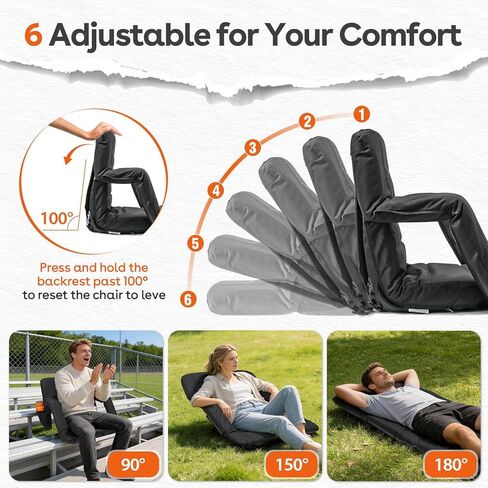 Suteck Stadium Seats with Back Support, Extra Wide Folding Bleacher Chairs, 6-Position Recline, Waterproof with Side Storage Bags, Portable Cushioned Seats for Outdoor Sports & Events in Kuwait