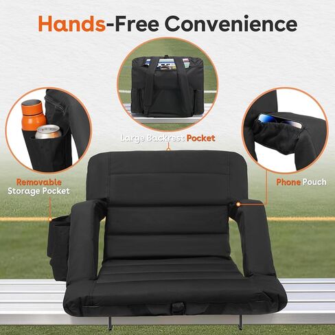 Suteck Stadium Seats with Back Support, Extra Wide Folding Bleacher Chairs, 6-Position Recline, Waterproof with Side Storage Bags, Portable Cushioned Seats for Outdoor Sports & Events in Kuwait