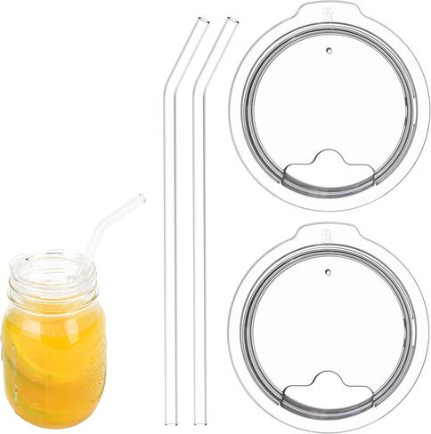 LUVCOSY 2.32-inch Regular Mouth Mason Jar Lids with Glass Straw, Fits 58mm, Reusable, Straw Hole, 2 Pack, BPA-Free (Jars Not Included) in Kuwait