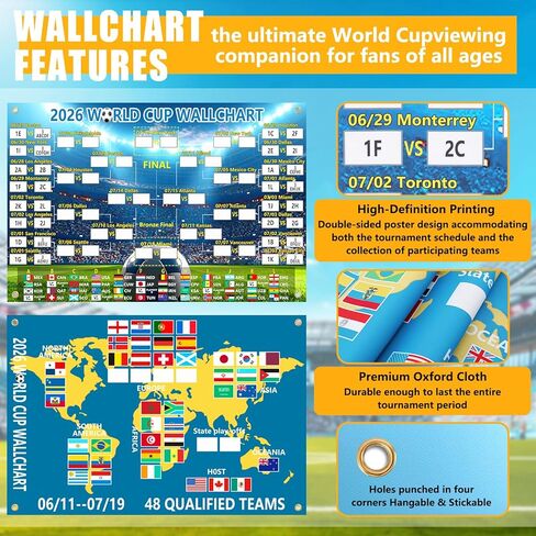 Phask 2026 World Cup Merchandise Poster 90x60CM & Final Round 48-Team Collection Showcase,2-in-1 World Cup Matches Poster,World Cup 2026 Merchandise Wallchart Gifts for Soccer Fans in Saudi Arabia