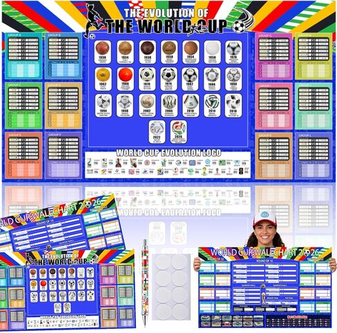 World Cup Schedule Poster 2026 & Final Round 48-Team Collection Showcase,2Pcs Functional Folded Poster&Handwritten Ballpoint Pen ,Football Tournament Schedule and Team Info Chart Gifts for Soccer Fans in Saudi Arabia