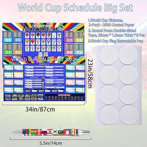 World Cup Schedule Poster 2026 & Final Round 48-Team Collection Showcase,2Pcs Functional Folded Poster&Handwritten Ballpoint Pen ,Football Tournament Schedule and Team Info Chart Gifts for Soccer Fans in Saudi Arabia